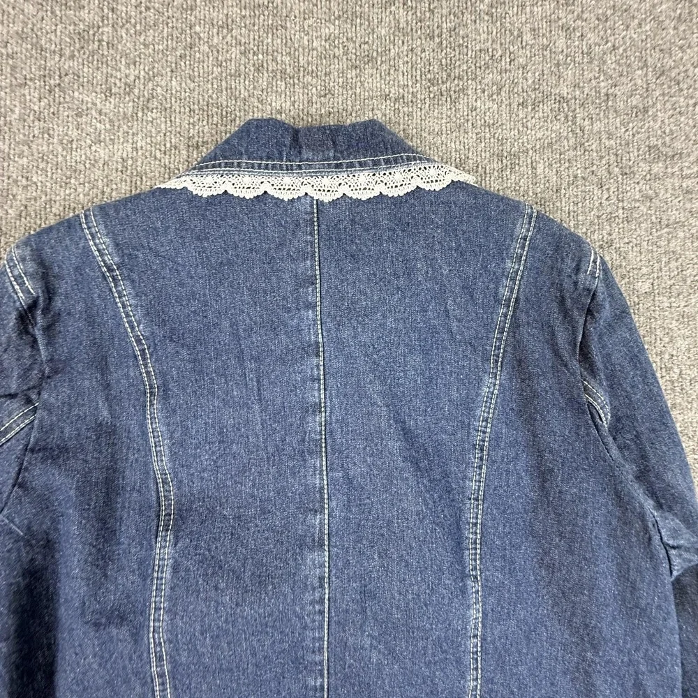 Denim & Co. Blazer Jacket Womens Medium Blue Denim Lace Trim Button Front Boho - Picture 10 of 15